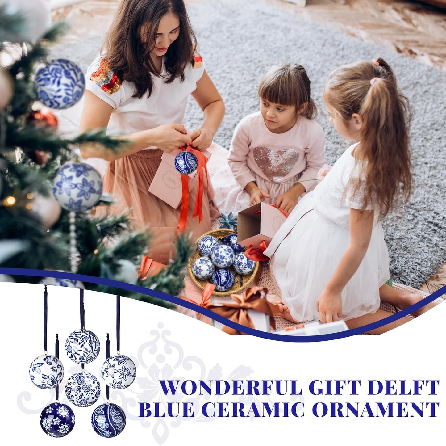 Cindeer 6 Pcs Blue and White Christmas Porcelain Balls 2.4 Inch Porcelain Chinoiserie Ornament Bulk Christmas Ceramic Hanging Decorative for Tree Home Xmas Party (Novelty Style)