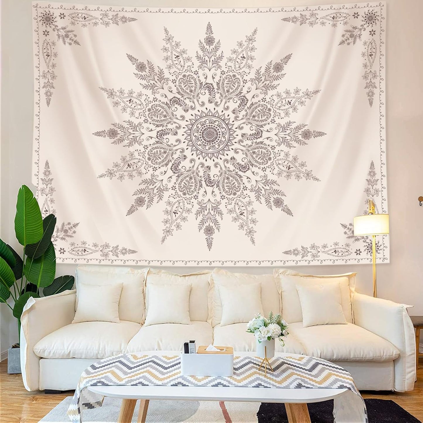 Lunerfex Boho Floral Tapestry Mandala Wall Tapestry, Cute Tapestries for Bedroom Beige Flower Tapestries Wall Hanging for Bedroom Living Room Decor Beige-2 70"x90"