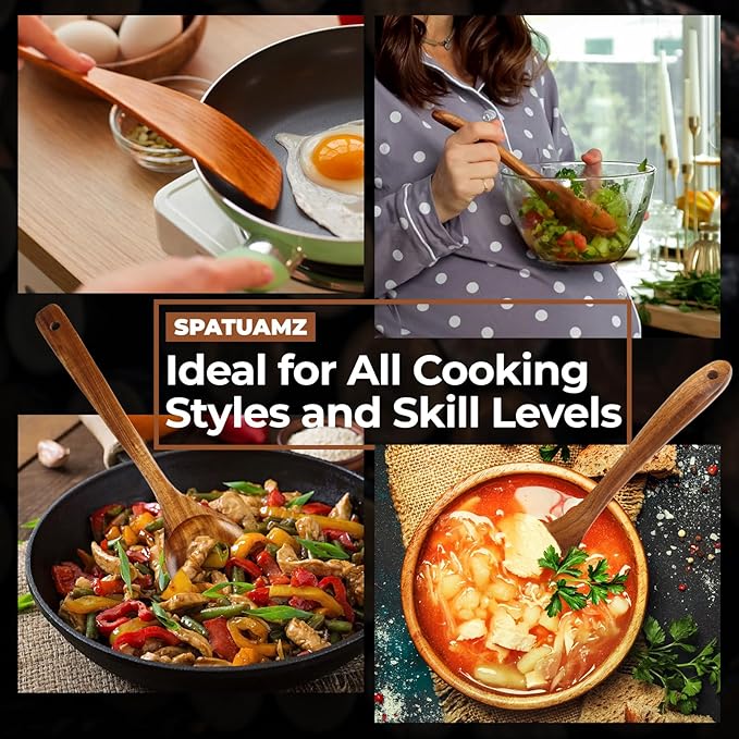 SPATUAMZ Natural Kitchen Utensils Set Wooden, Teak Wooden Spoons for Cooking, Wooden Utensils Set of 9 for Any Kitchen