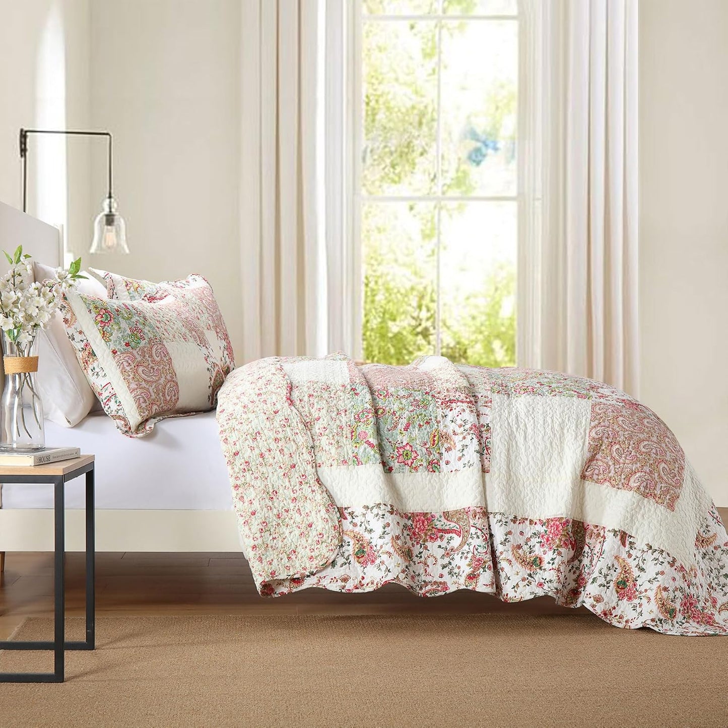 Secgo Queen Comforter Set for Bed - 100% Cotton Quilts Queen Size, Black Bedspreads (90 * 98 Inch) with 2 Pillow Shams, Patchwork Reversible Lightweight Bedding