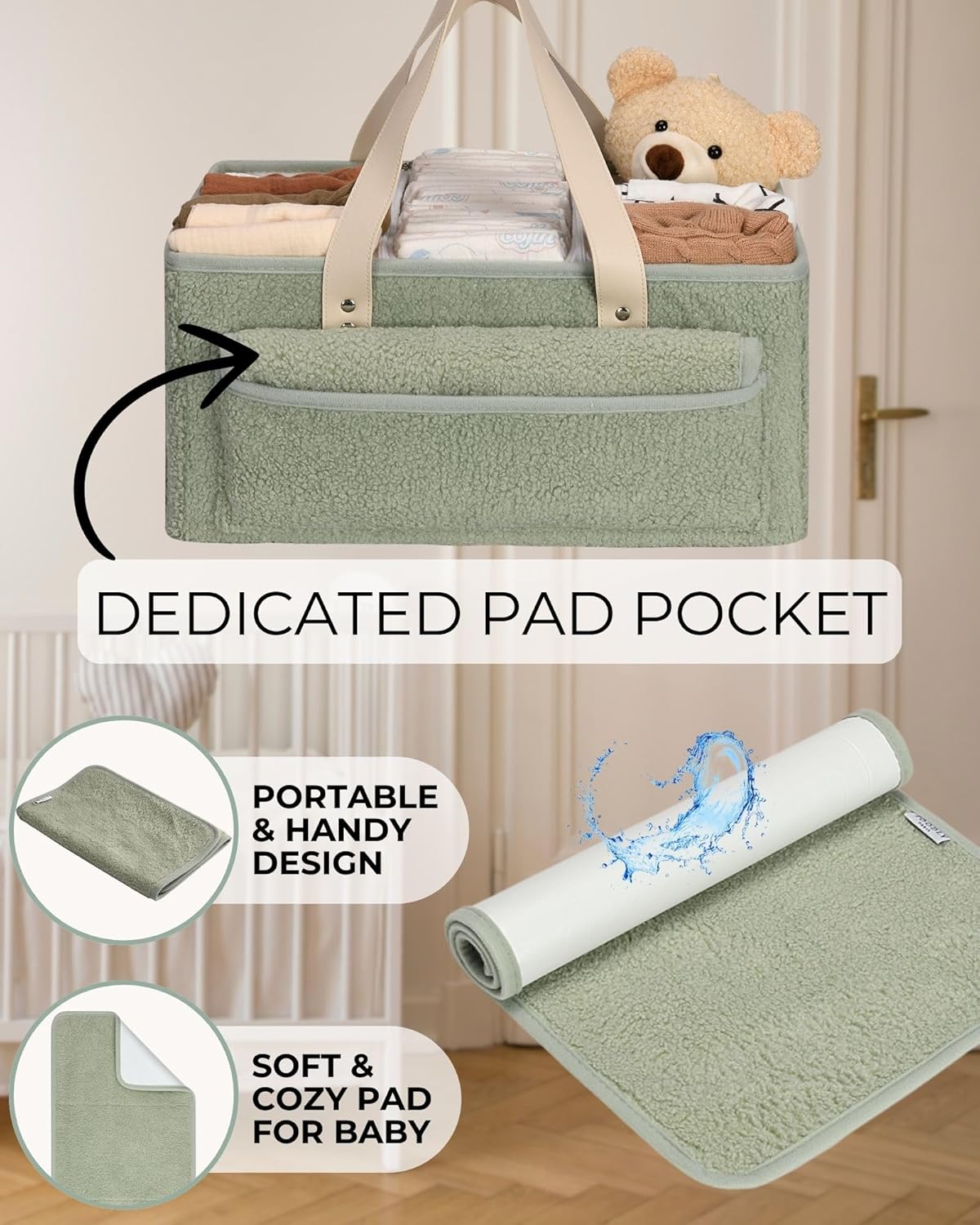 Baby Diaper Caddy Organizer with Portable Changing Mat - Teddy Fleece Diaper Organizer for Changing Table - Basket for Changing Essentials - Baby Essentials Organizer with Removable Dividers