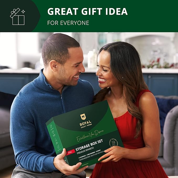 ROYAL CRAFT WOOD Luxury Bamboo Drawer Organizer Storage Box, Bin Set - Multi-Use Drawer Organizer for Kitchen, Bathroom, Office Desk, Makeup, Jewelry (3 Boxes)