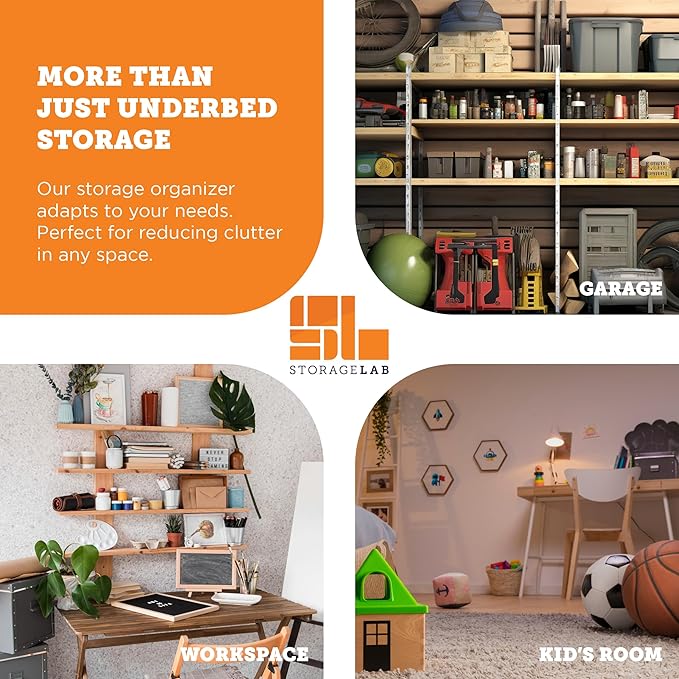 storageLAB Slim Under Bed Storage Containers, Closet Organizers with Sturdy Handles for Clothes, Comforters, and Accessories, Use Under or at the End of the Bed - 2 Pack, Dark Grey