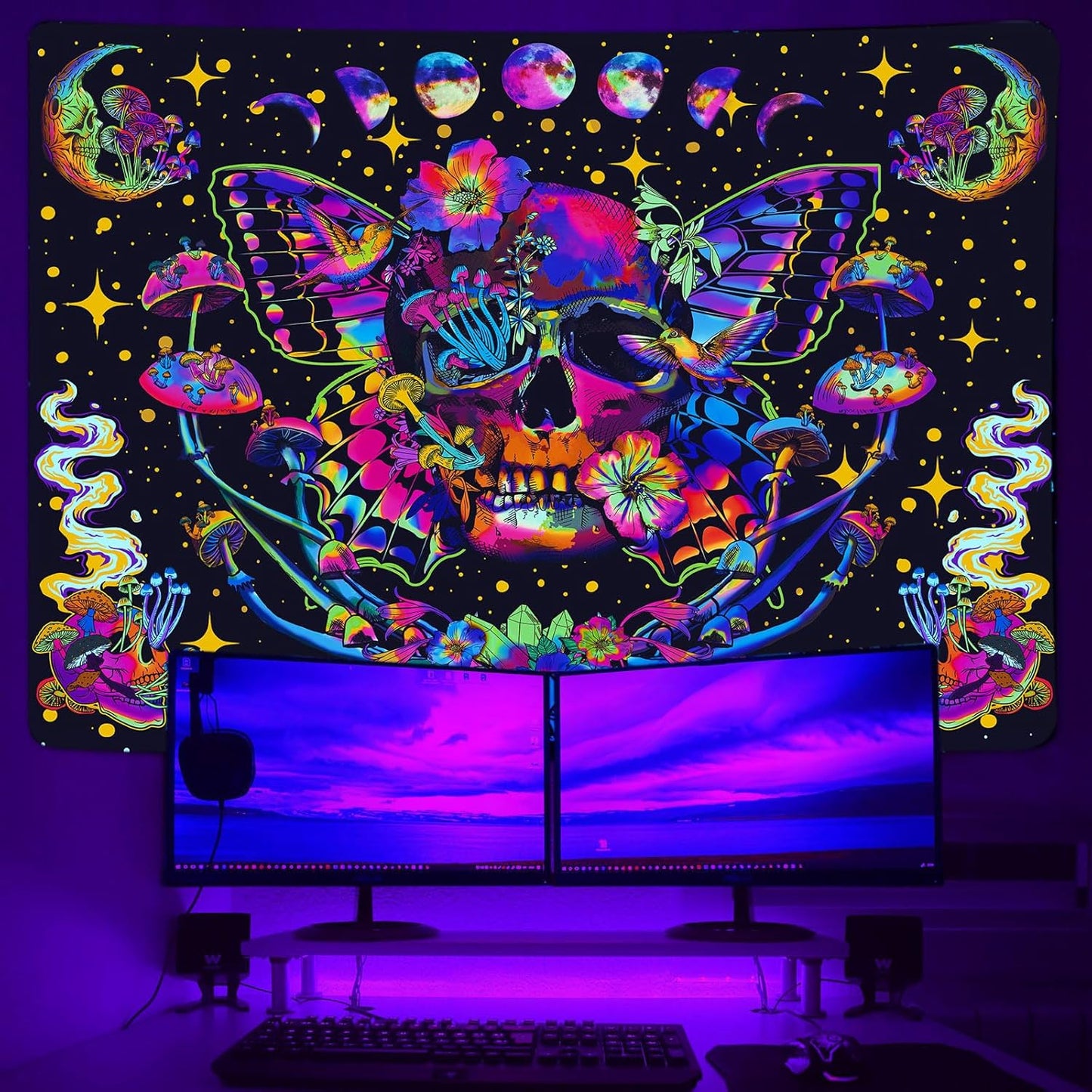 Xiaoput Blacklight Skull Tapestry, UV Reactive Mushroom Butterfly, Aesthetic Moth Moon Flowers, Hippie Skeleton Wall Hanging for Bedroom, Living Room, Home, Dorm 80x60IN