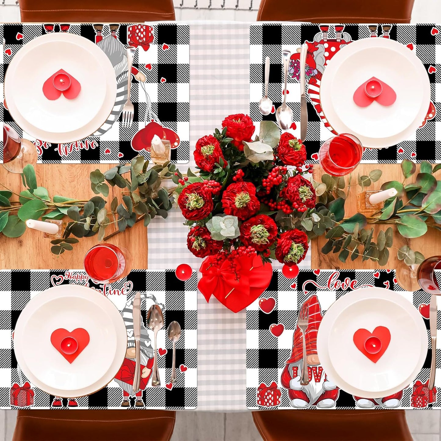 Valentine's Day Placemats Set of 6 Gnomes Plastic Table Mats Buffalo Plaid Place Mats Washable Vinyl Love Hearts Table Decoration for Anniversary Wedding Party Kitchen Dining Table
