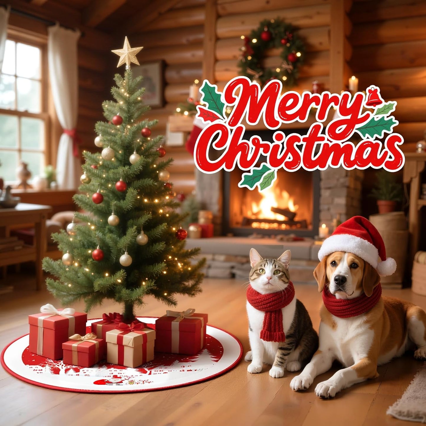 Christmas Tree Skirt 48 Inches Red Xmas Soft Cover Mat Decor Retro Xmas Tree Skirt for New Year Holiday Ornaments Indoor Outdoor Decorations (Merry Chrismas)