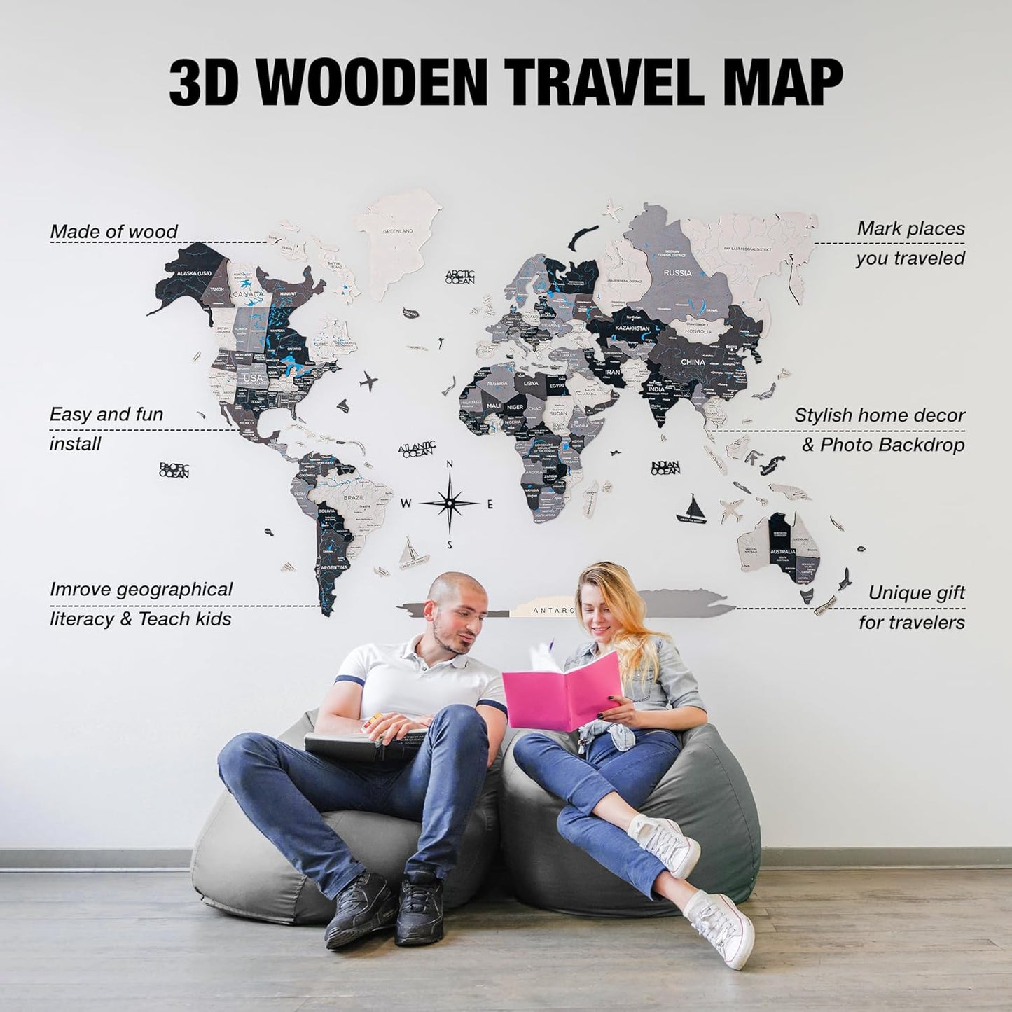 Handmade 3D Wood World Map Wall Art Large Wall Decor Track Your World Travels - Special For Home, Kitchen And Office (Large, Nordik)