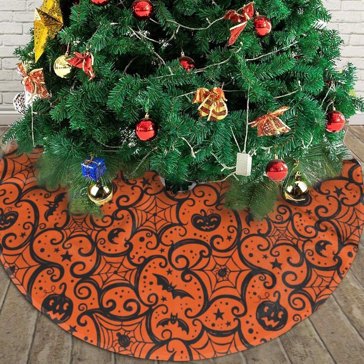 Christmas Tree Skirt,Halloween Pumpkin Xmas Tree Skirt Rustic Farmhouse Tree Skirt for Christmas Decor Xmas Holiday Home Party Decorations36