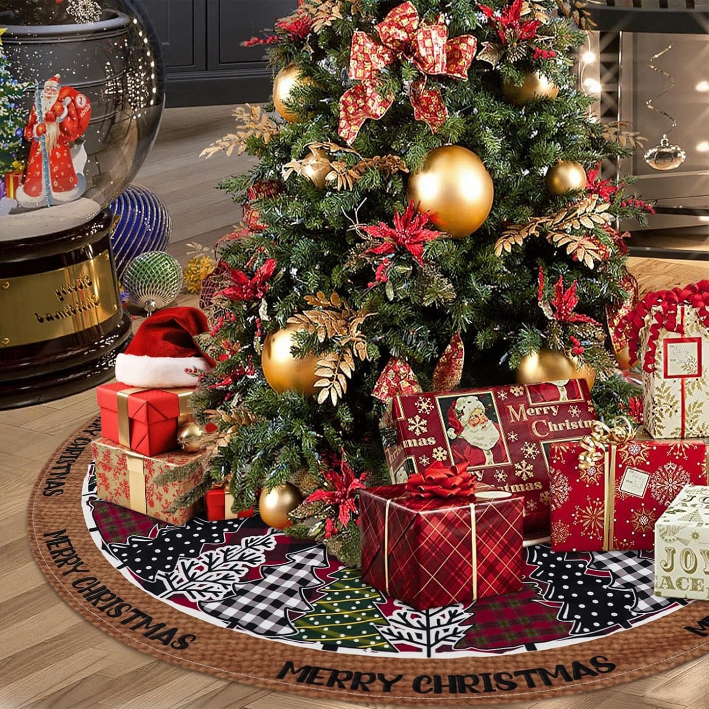 Christmas Tree Skirt 48 Inch, Red and Black Buffalo Plaid Xmas Tree Skirts, Winter Christmas Trees Mat for Home Party Holiday Indoor Outdoor Decorations