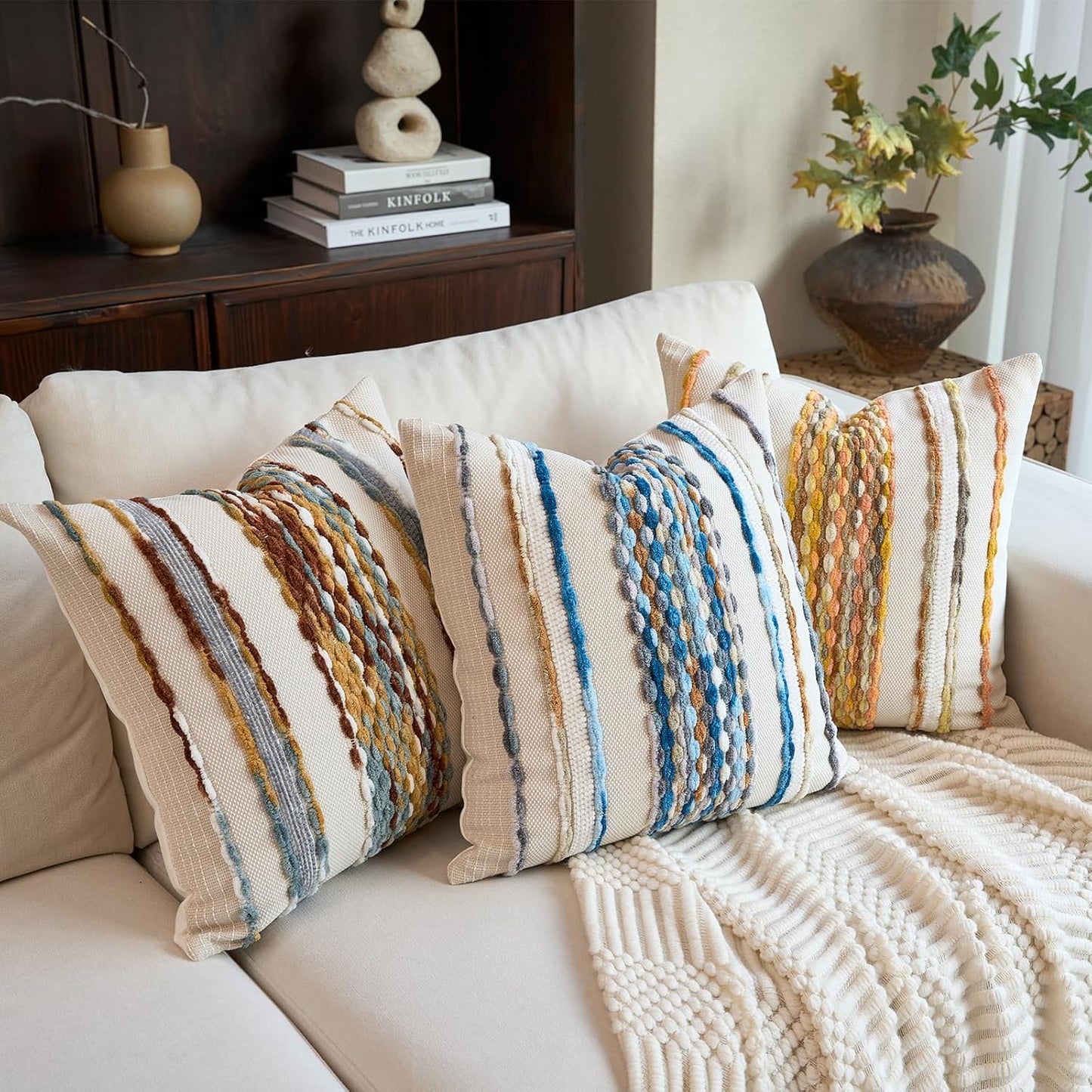 Aeckself Boho Pillow Covers 18x18 Inch Set of 2, Farmhouse Decorative Striped Square Chenille Tufted Accent Neutral Throw Pillow Covers for Living Room Couch Bed, Sky Blue