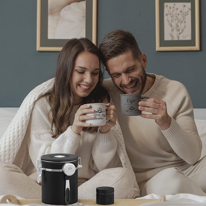 Coffee canister set for ground coffee with Date Tracker,Co2 Valve,Travel jar,Stainless Steel Kitchen Food Airtight storage container for Coffee Beans or Grounds,Tea,Sugar (16oz-Black)
