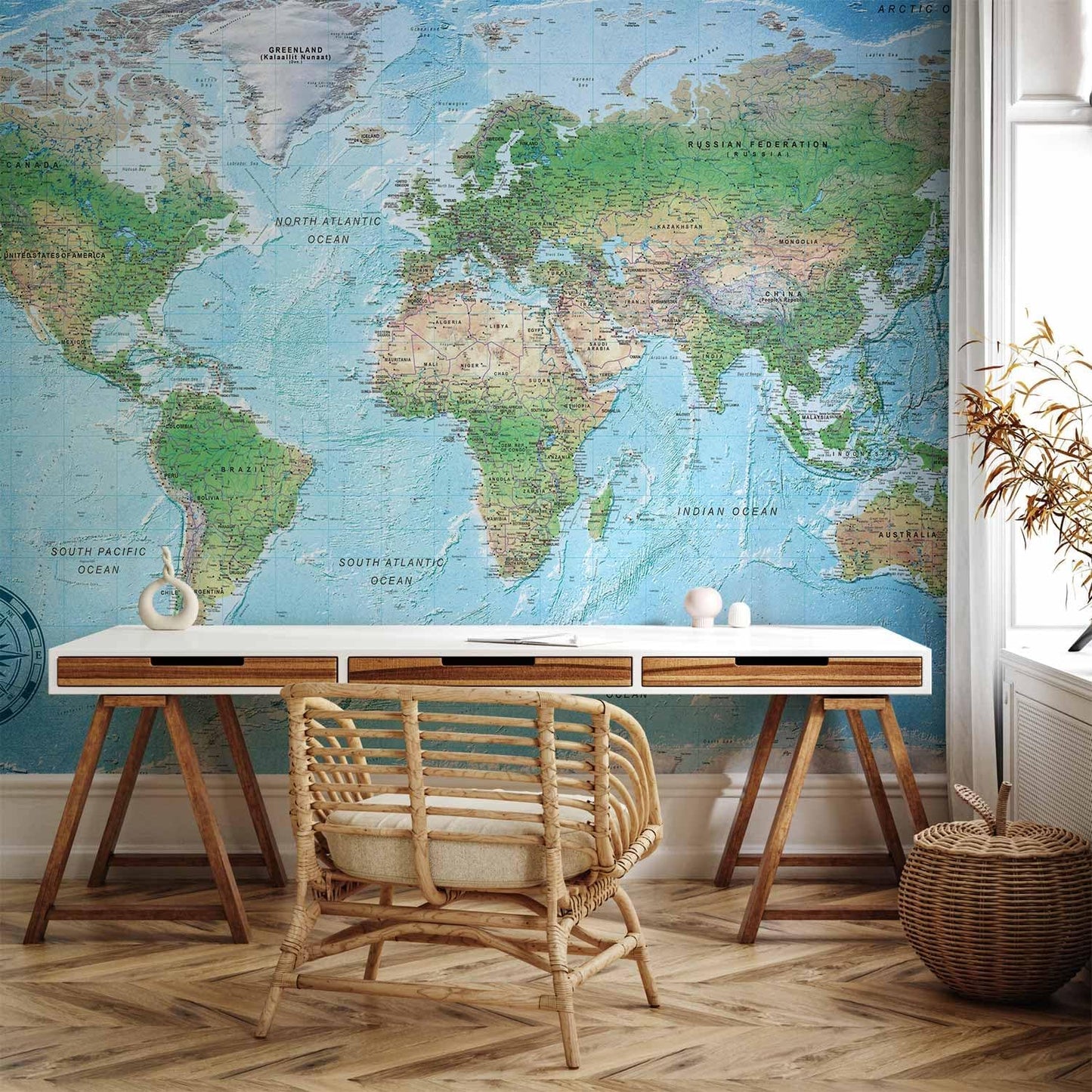 artgeist Premium Wall Mural World Map 118x83 in - XXL Non-Woven Wallpaper Fleece Wall Decor Photo Print Picture Image Design Home Map of The World k-A-0127-a-a