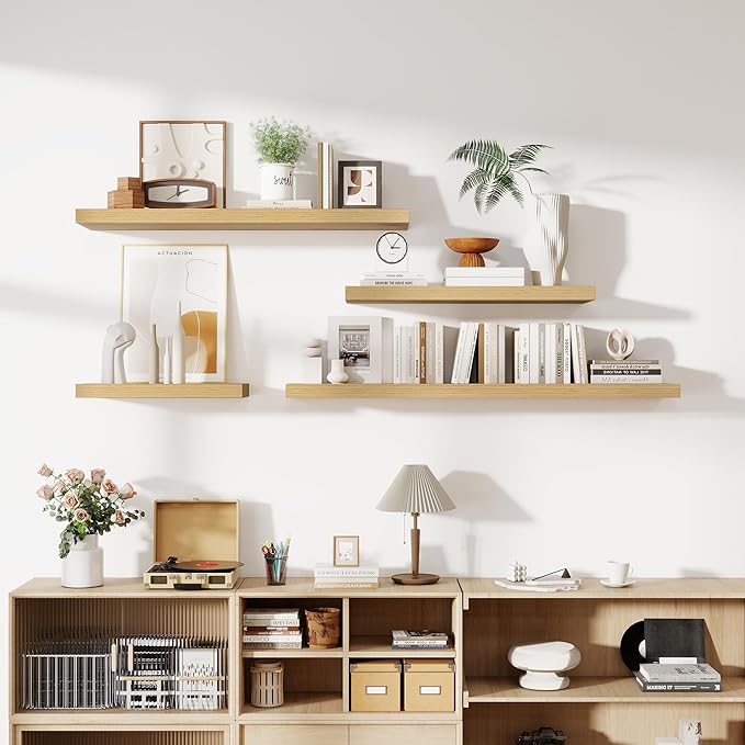 24 Inch Floating Shelves, 11.6 Inch Deep Floating Shelves for Wall, Floating Shelf with Invisible Brackets, Deep Shelves for Bathroom, Bedroom, Living Room, 2 Pack, Natural