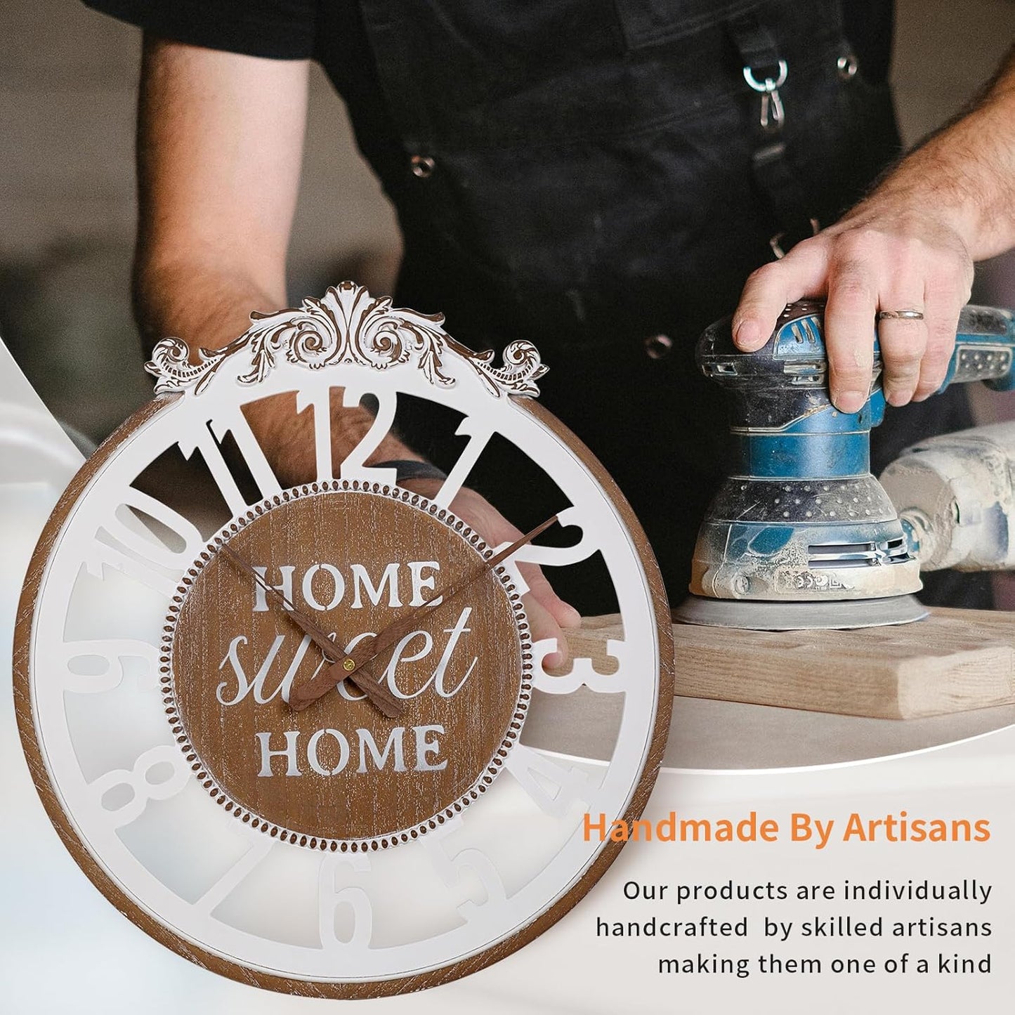 Wall Clock Large- Farmhouse Wall Clock 24 Inch Decorative Engraved Numerals Rustic Wooden Wall Clocks, Big Wall Watch Silent Battery Operated for Kitchen Bedroom Living Room Fireplace Mantel