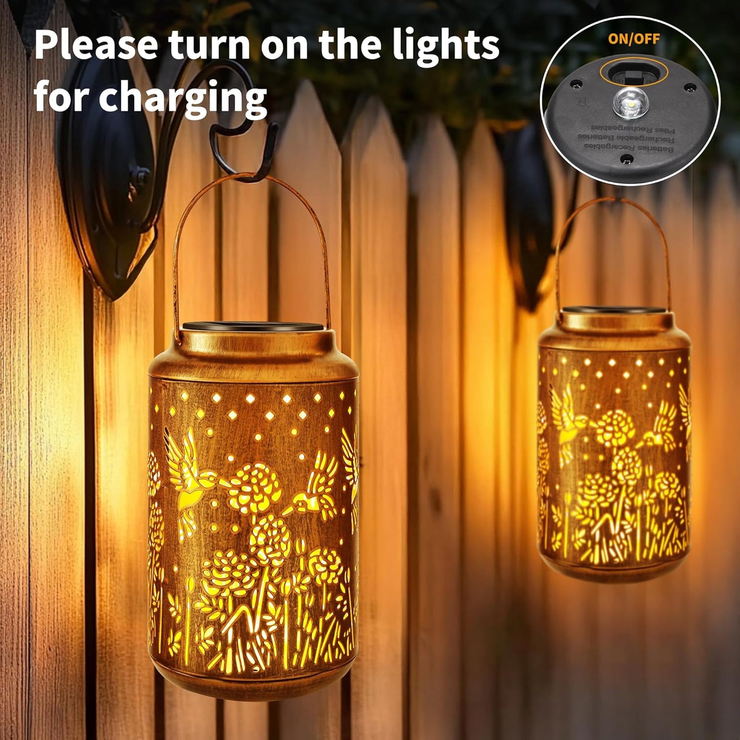 Brizled Hummingbird Solar Lantern Lights, 2 Pack LED Hollow Out Hanging Lantern Lights Outdoor, Warm White Solar Garden Light Decorative Retro Metal Outdoor Lighting for Garden Patio Courtyard Path