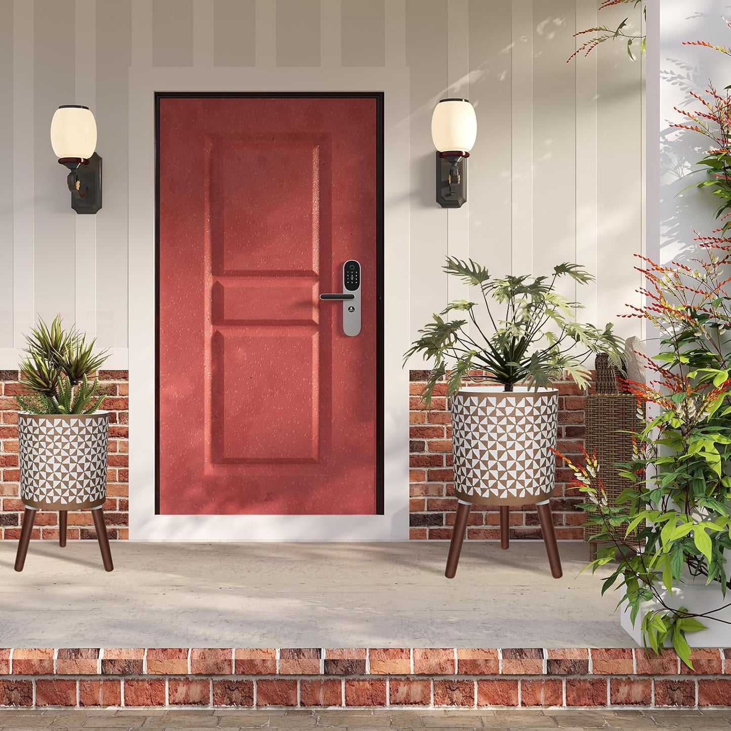 10 & 12 Inches Plant Pot with Stand, Large Modern Standing Planters for Indoor Outdoor Plants with Drainage Holes, Big Gold Floral Embossed Flower Pots with Legs