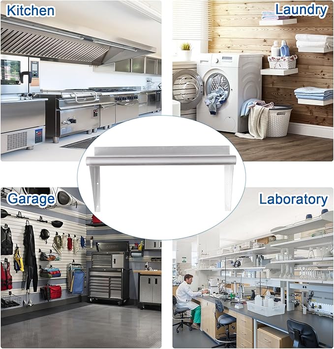 HARDURA Stainless Steel Shelf 14" x 24", 240lb Commercial Shelves Wall Mount Metal Shelving with Backsplash and Brackets for Kitchen, Restaurant, Laundry Room and Home