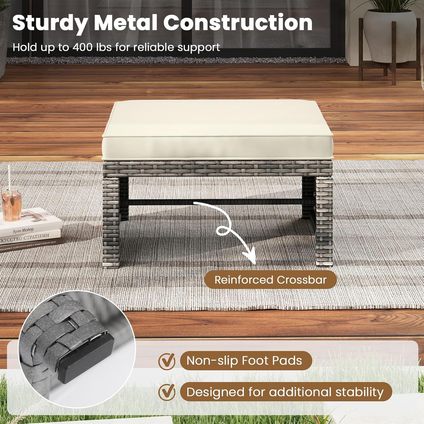 Tangkula 2 Pieces Patio PE Rattan Ottomans, Multipurpose Outdoor Footstool Footrest Additional Seating Side Table with Soft Zippered Cushions for Deck, Garden, and Yard (White)