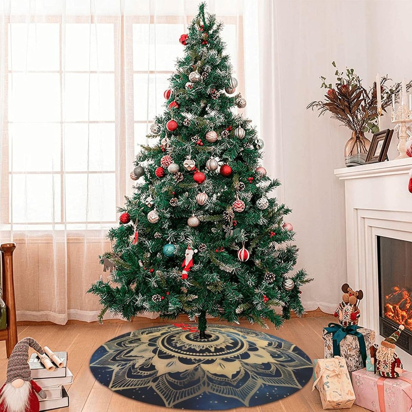 48" Large Christmas Tree Skirt, Elegant Gold Mandala Blue Galaxy Pattern Tree Mat Base Cover for Xmas Festive Holiday Party Decoration Ornaments