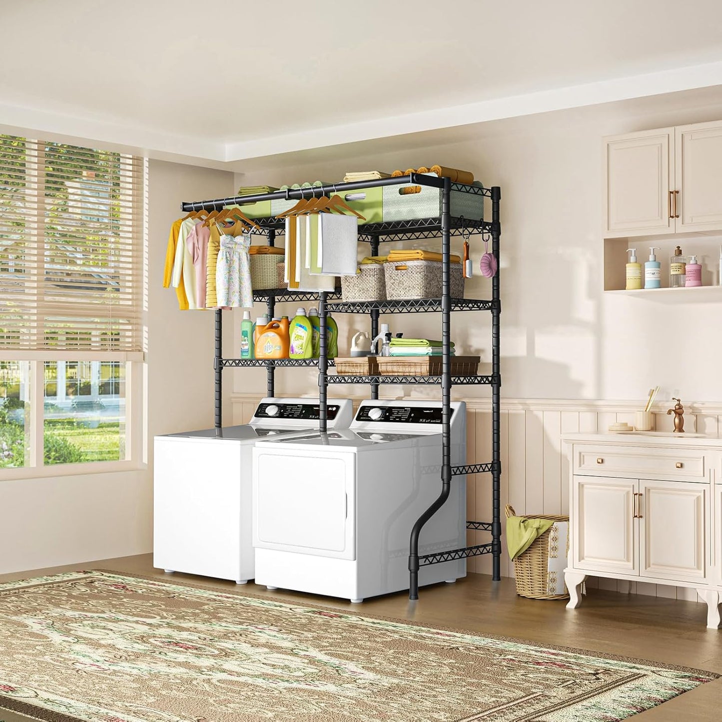 Ulif U13 Over Washer and Dryer Storage Shelves, 6 Tiers Laundry Room Standing Shelf with 2 Hanger Rods, Space Saver Clothes Drying Rack, 63.4" W x 22" D x 77.4" H, Black