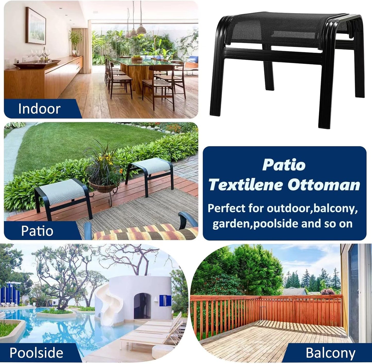 Patio Outdoor Ottoman Assembled Aluminum Footstools Small Seat Side Table Footrest for Balcony, Poolside 2 Set Black