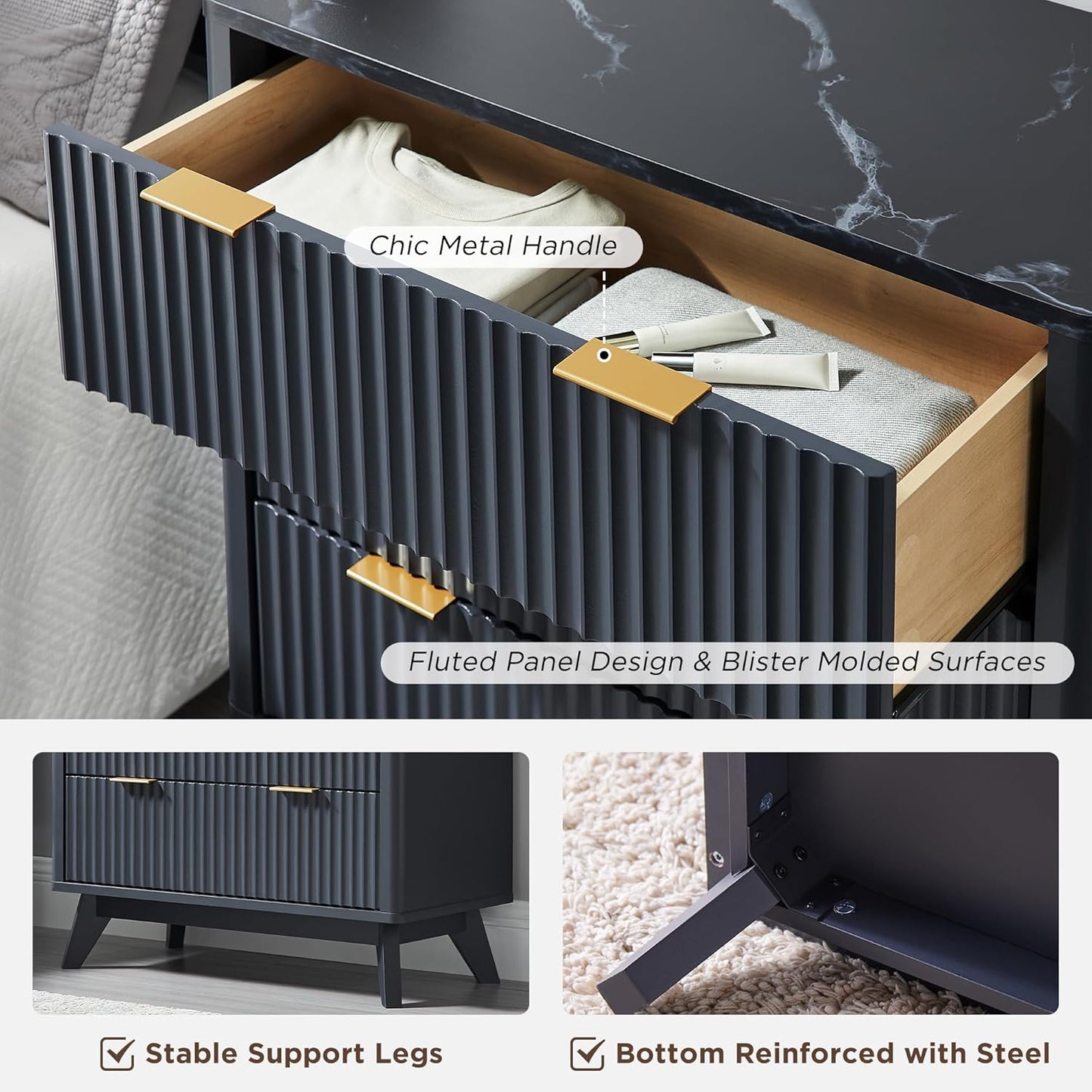 T4TREAM 32" Tall Fluted Nightstand Set of 2, Modern Side Table with Faux Marble Top, 3 Drawers End Table w/Storage, Bedside Table for Bedroom, Living Room, Curved Profile Design, Dark Grey