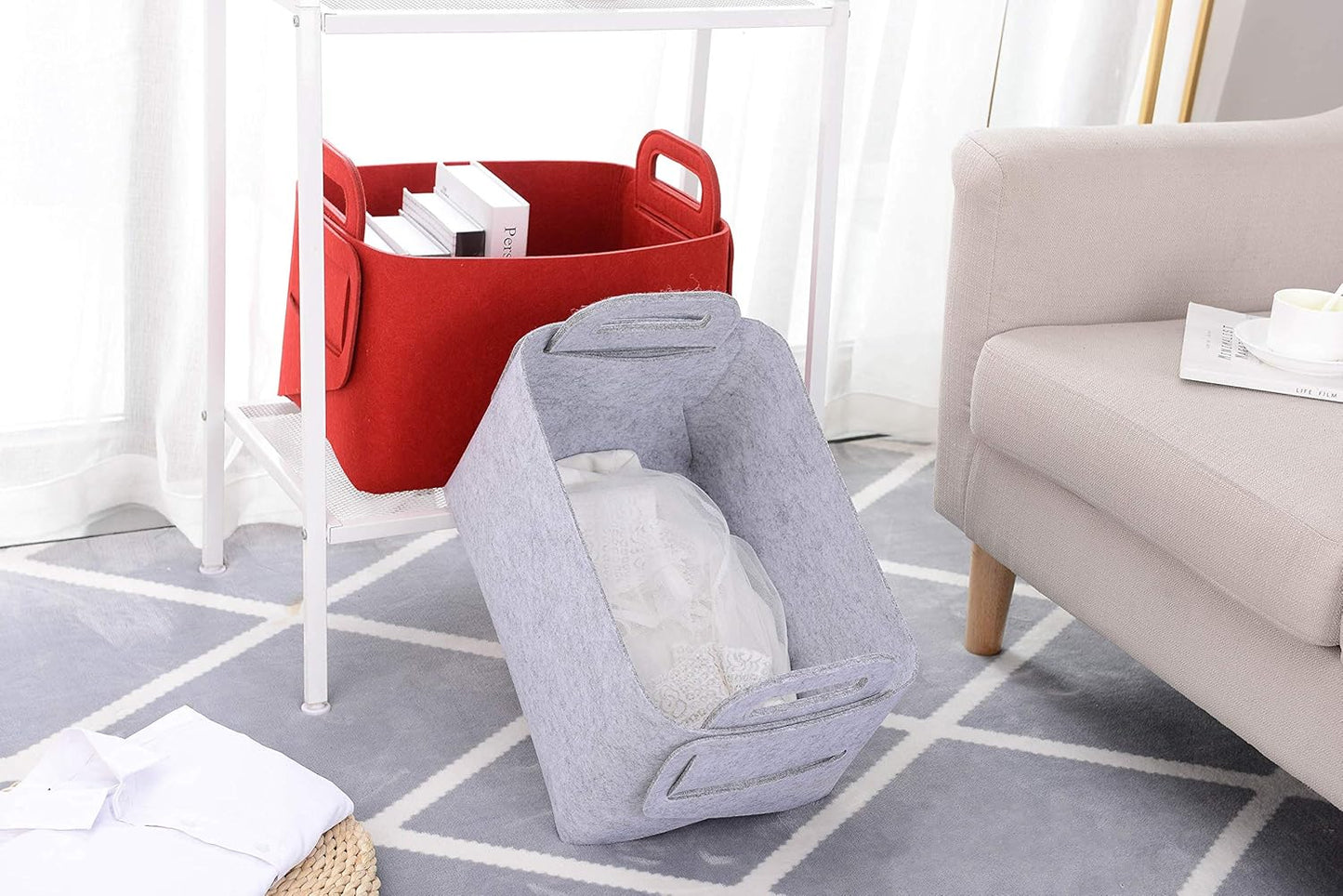 Minoisome Storage Basket Felt Storage Bin Collapsible& Convenient Box Organizer with Carry Handles for Office Bedroom Closet Babies Nursery Toys Laundry (Red, 17.9inch(L)×12.2inch(W)×11.6inch(H))
