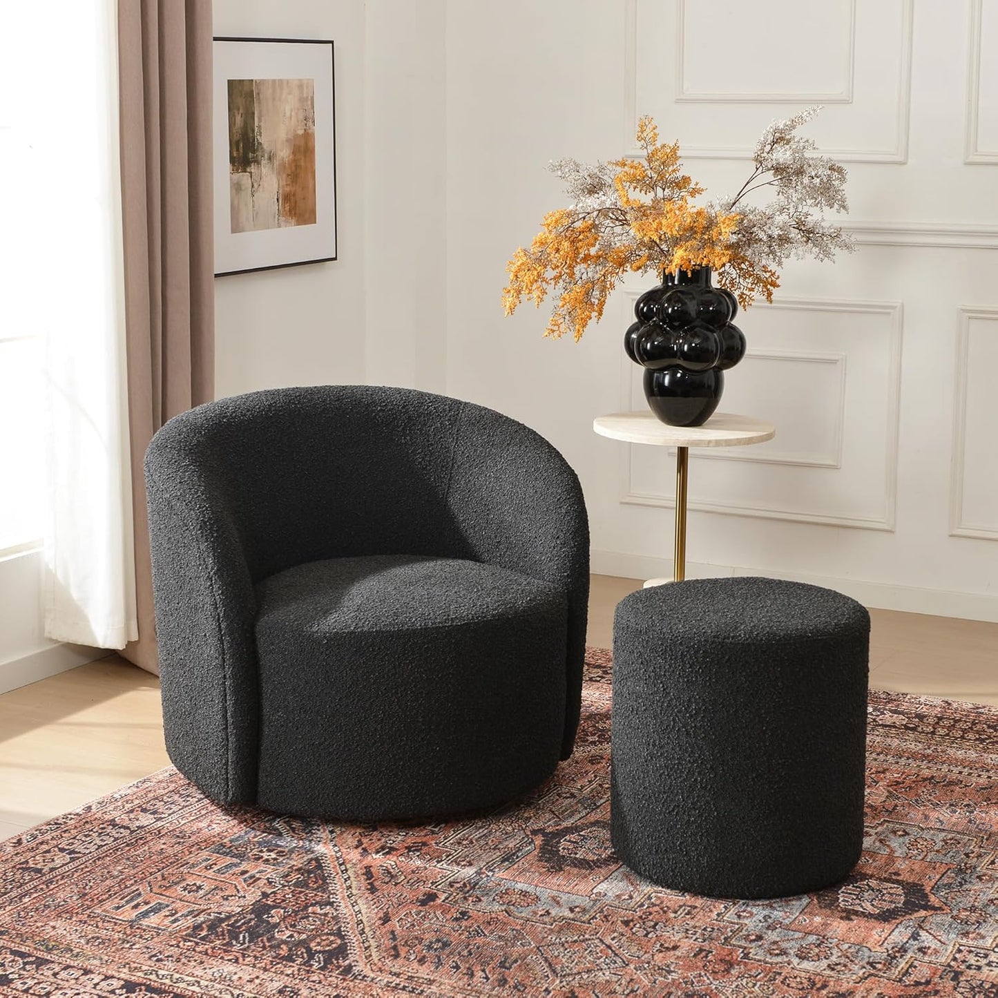 KINWELL 34" W Mid Century Modern Swivel Barrel Chair, Round Upholstered Boucle Swivel Accent Chairs, No Assembly Sofa Chair for Living Room Bedroom Reading Apartment Lounge Nursery(Black)