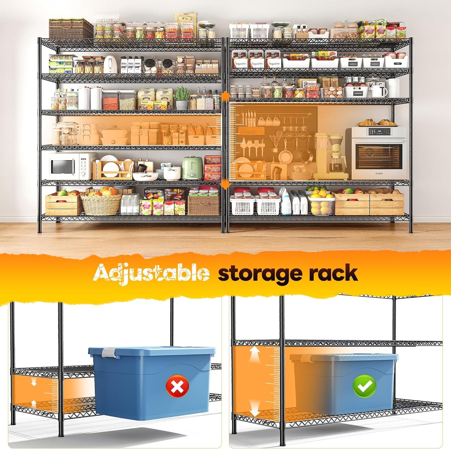 REIBII 83"H Storage Shelves 3840LBS Metal Shelving Unit Garage Shelving Heavy Duty 6 Tier Commercial Adjustable Wire Shelving for Storage Rack for Pantry, Garage, Kitchen, 83"H x 55.5"W x 18"D, 2PCS