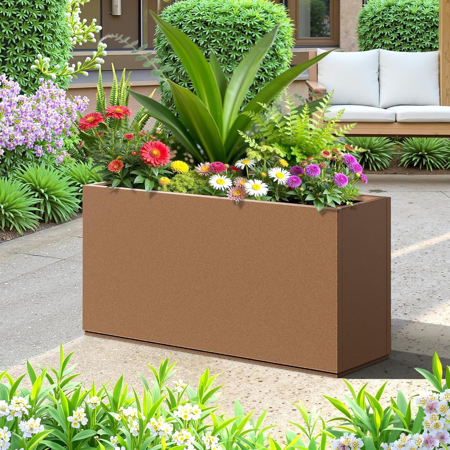 FENCY Metal Rectangular Planter Box, Large Planters for Outdoor Plants, Tall Planters for Outdoor Plants with Drainage Holes (32" L x 10" W x 16.3" H,Brown)