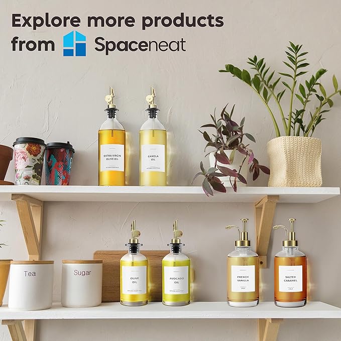 Olive Oil Dispenser Bottle - Includes 55 Kitchen Essential Labels - Cooking Oil Bottles for Kitchen, Coffee Syrup Dispenser - Pourer Spout with 16.9 fl oz Glass Container Cruet - 2pcs, Gold