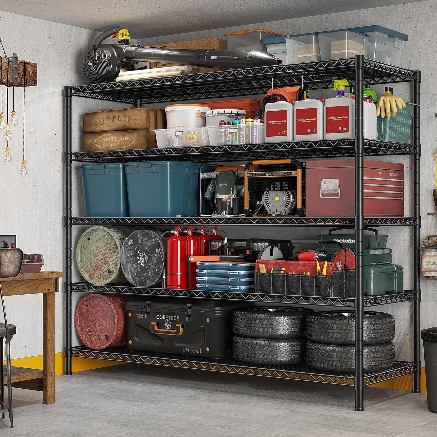 REIBII 85.7"H Storage Shelves 2998LBS Metal Shelving Units with Wheels&Feet, 5 Tier Garage Shelving Heavy Duty Adjustable Wire Shelf for Pantry Garage Commercial Industrials, 85.7"H X 55.5"W X 24.2"D