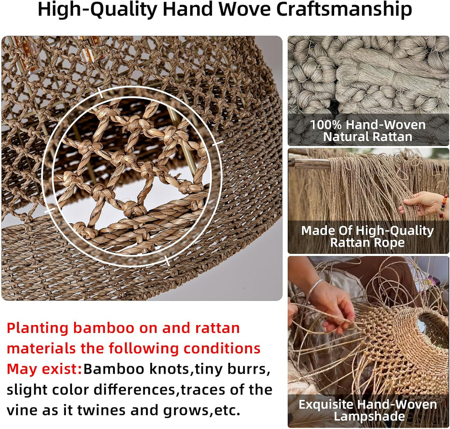 19" Rattan Pendant Light,Hand-Woven Rustic Wicker Hanging Light 3-Light Seagrass Ceiling Chandelier Oval Water Plants Rattan Chandelier for Dining Living Bedroom Kitchen Farmhouse