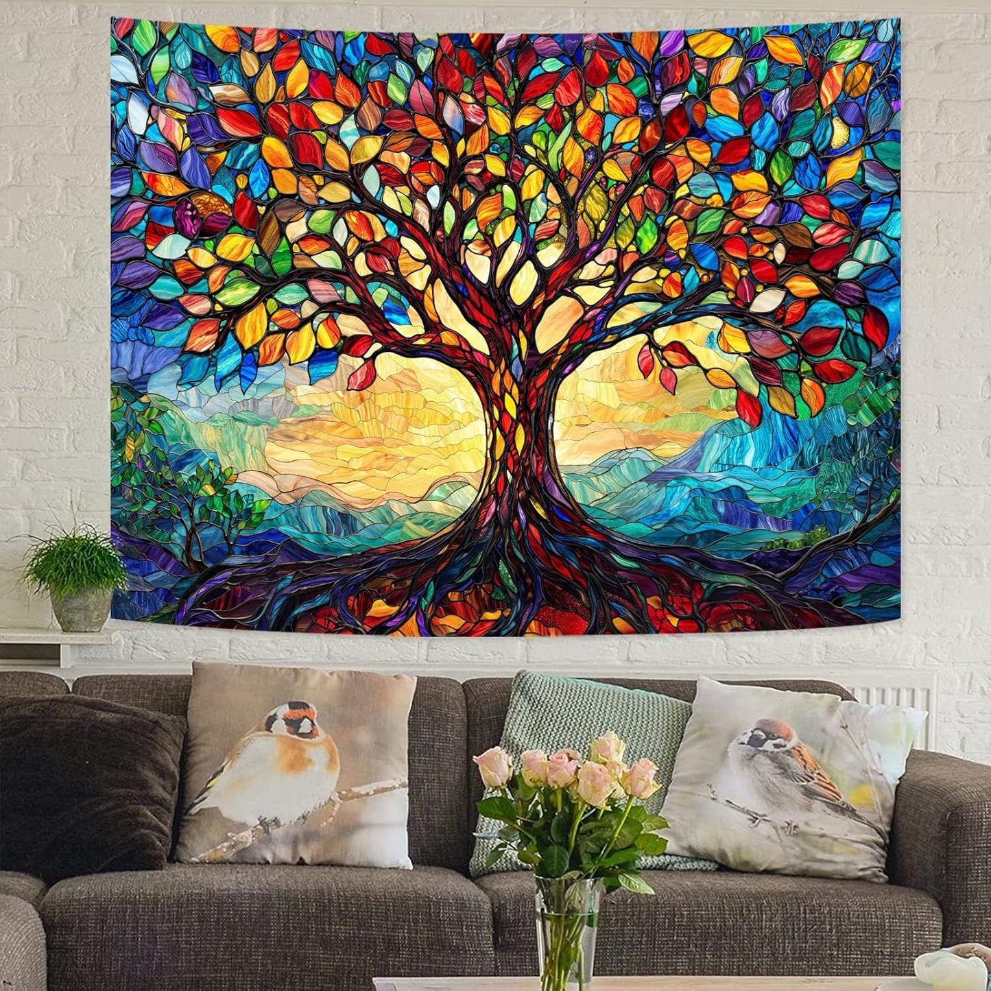 Lunerfex Tree of Life Tapestry Stained Glass Tapestry Wall Decor Tapestries for Bedroom Art Tapestries Wall Hanging for Bedroom Living Room Glass-Tree-01 70"x90"