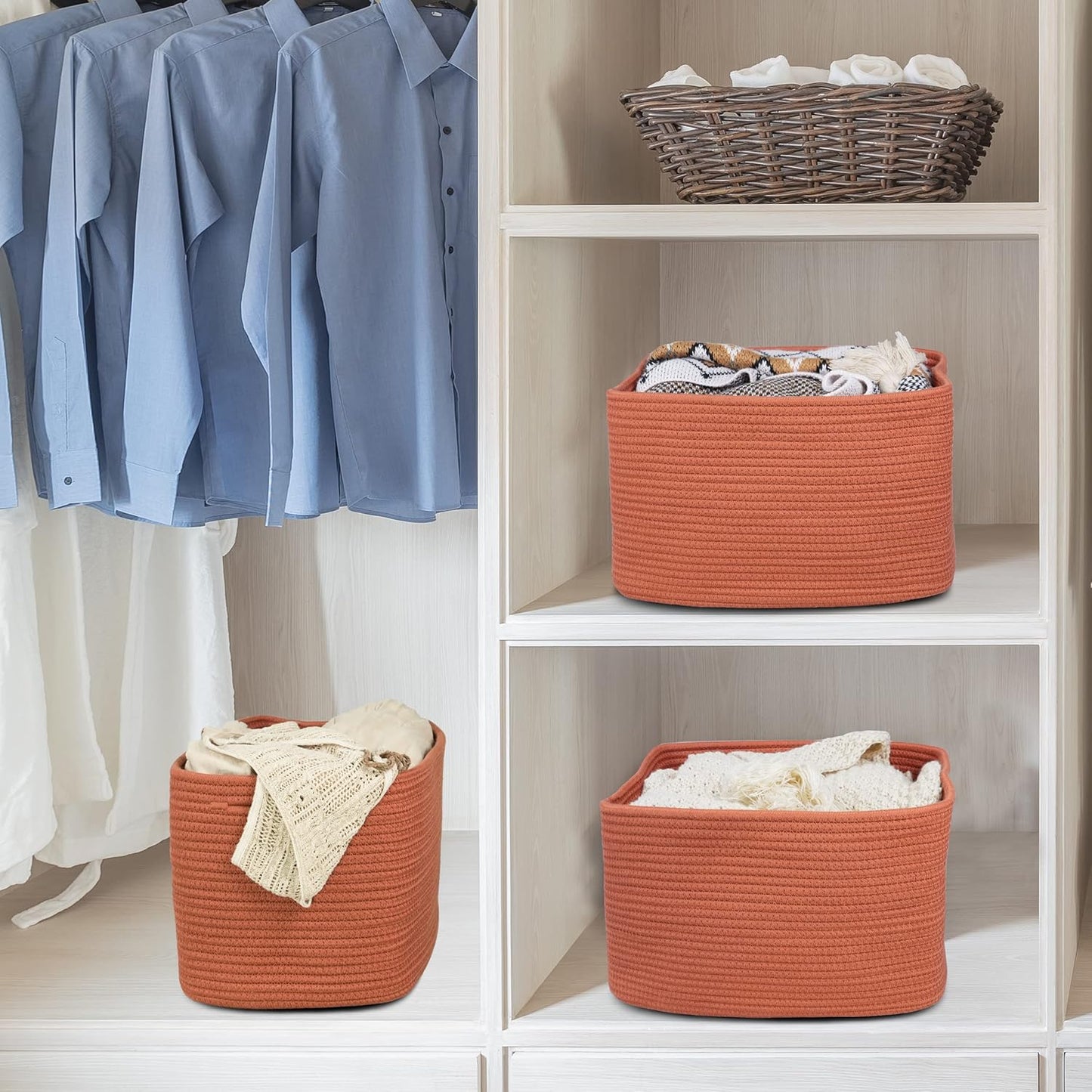 Cotton Rope storage Basket Bins Woven Basket for Organizing Shelves Rectangle Decorative Baskets For storage Clothes Toys Books Towels Square Wicker Nursery basket organizer 3 pack Rust