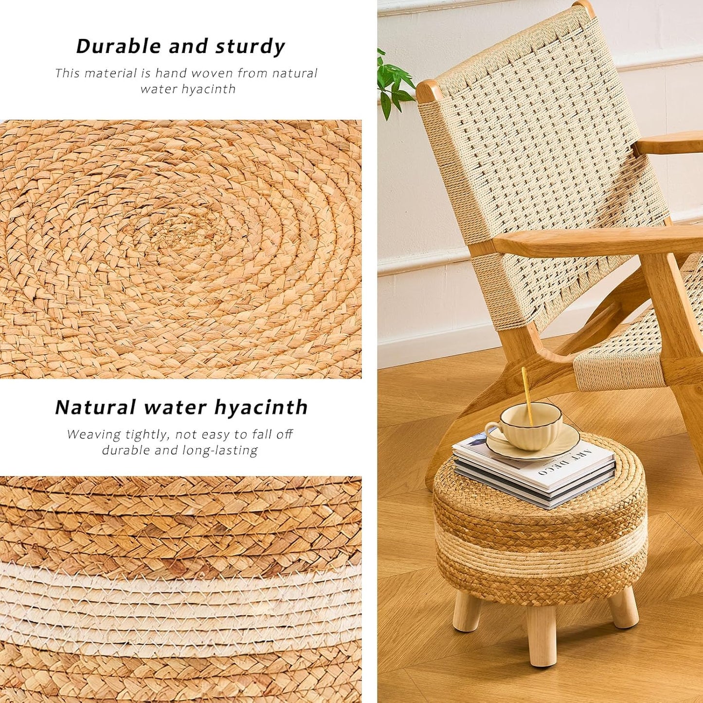 Handwoven Round Ottoman, Natural Water Hyacinth Outdoor Patio Pouf Seagrass Low Stool with Wood Legs, Soft Padded Footrest for Living Room Bedroom Garden, White