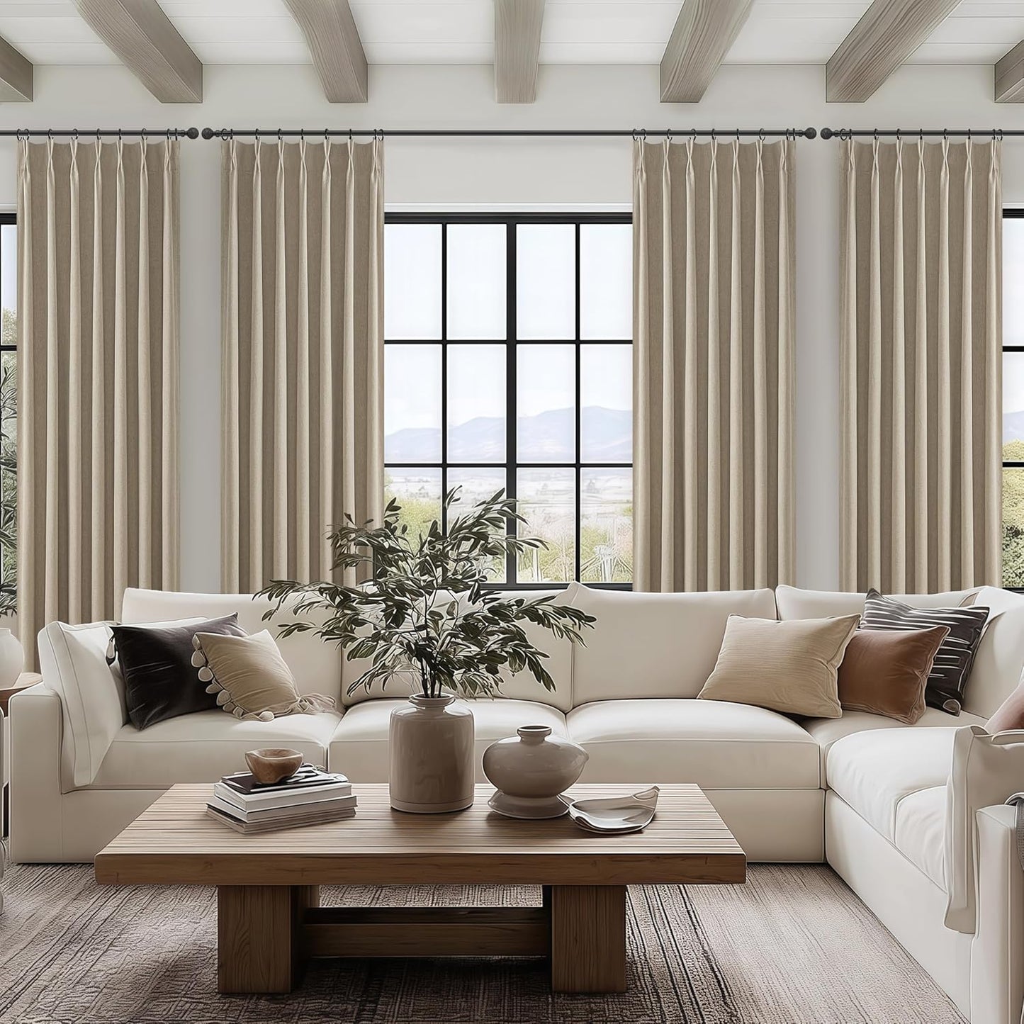 Black Out 96 Inch Long Boho Curtains 2 Panel Set, Farmhouse Curtains for Living Room Darkening/Thermal/Noise Reduction Textured Flax Linen Pinch Pleated Drapes 8ft Hook&Ring Included GreyBeige 40"x96"