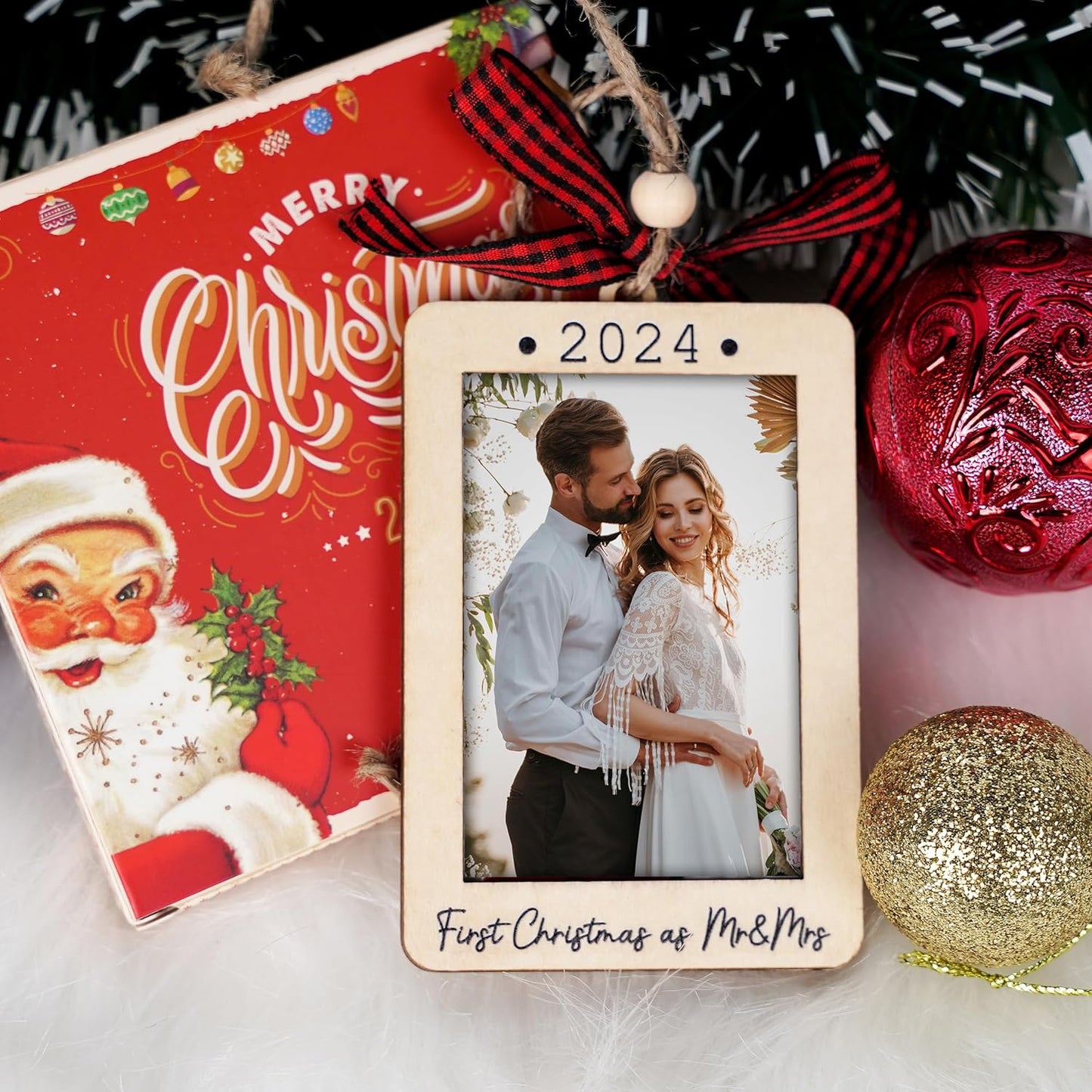 Christmas Photo Frame Ornament, 2025 Ornament, Wooden Picture Frame Ornaments With Hanging String (First Christmas As Mr & Mrs (Portrait))