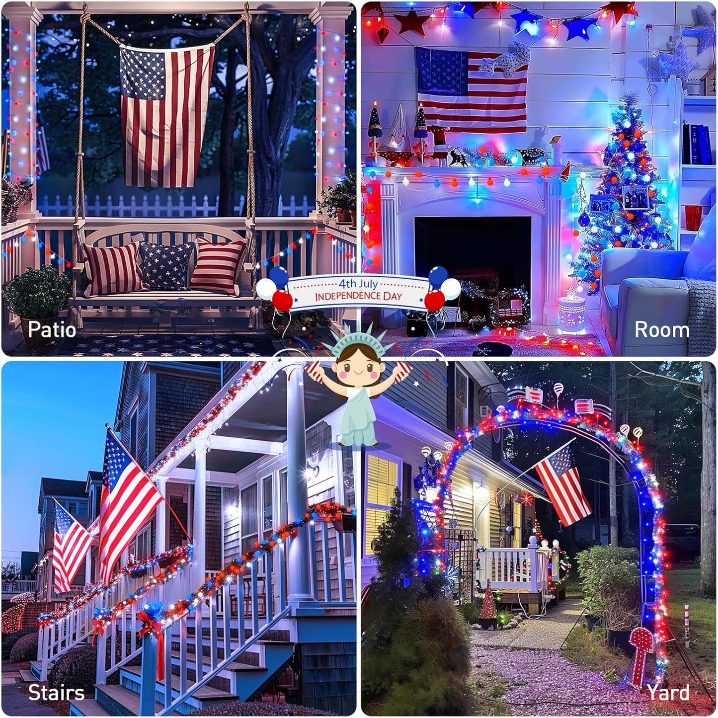JMEXSUSS Connectable Red White and Blue Lights Indoor Outdoor, 100 LED 33ft 4th of July Decorations Light Plug in, 8 Modes Globe String Lights with Remote for Independence Day Party Patriotic Decor