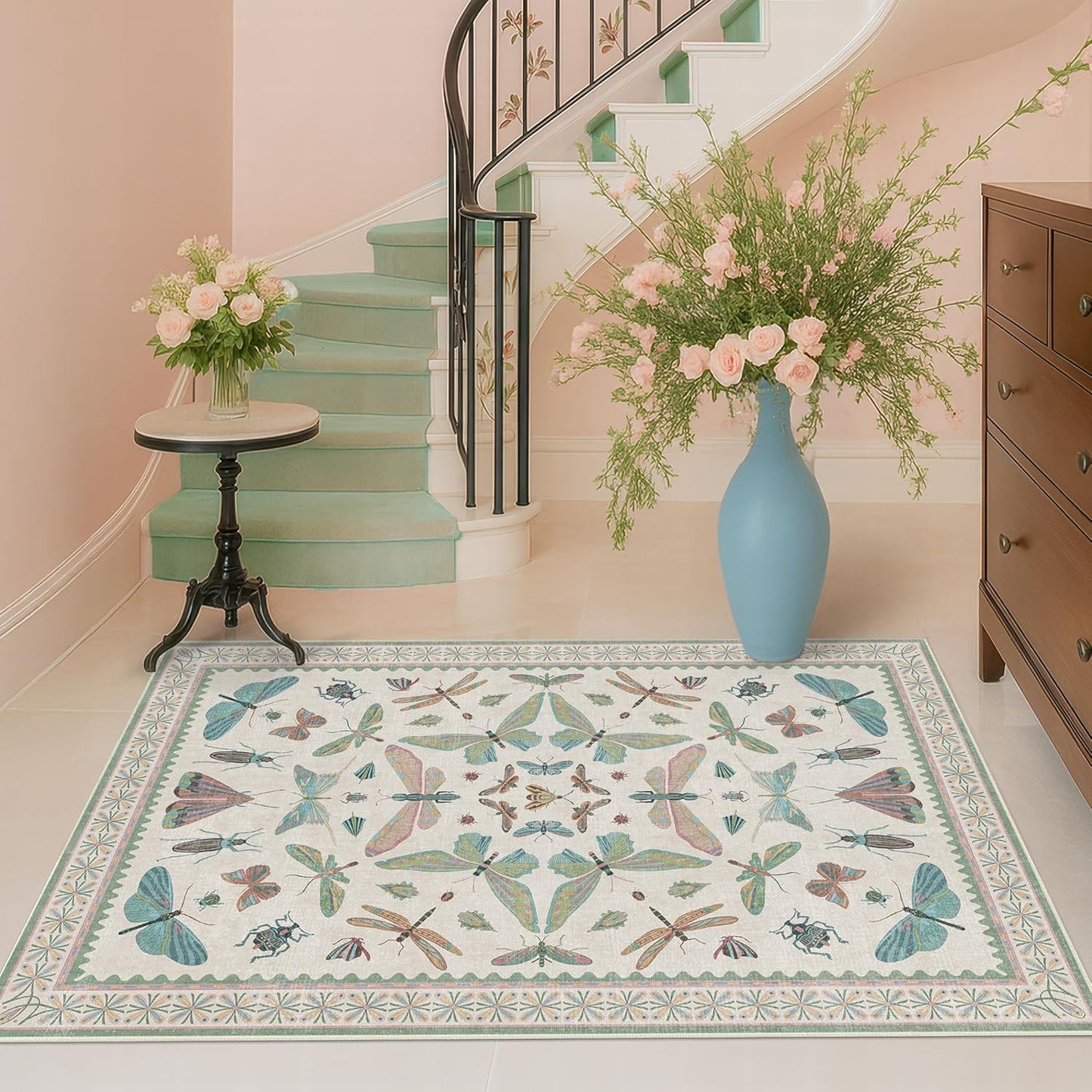 Light Blue and Pink Rug 4x6 Rugs for Bedroom Under Bed - Insect Print Multi Color Decor, Low Pile Non Slip Stain Resistant Throw Rug for Nursery Room Boys, Kitchen, Floor Carpet Aesthetic