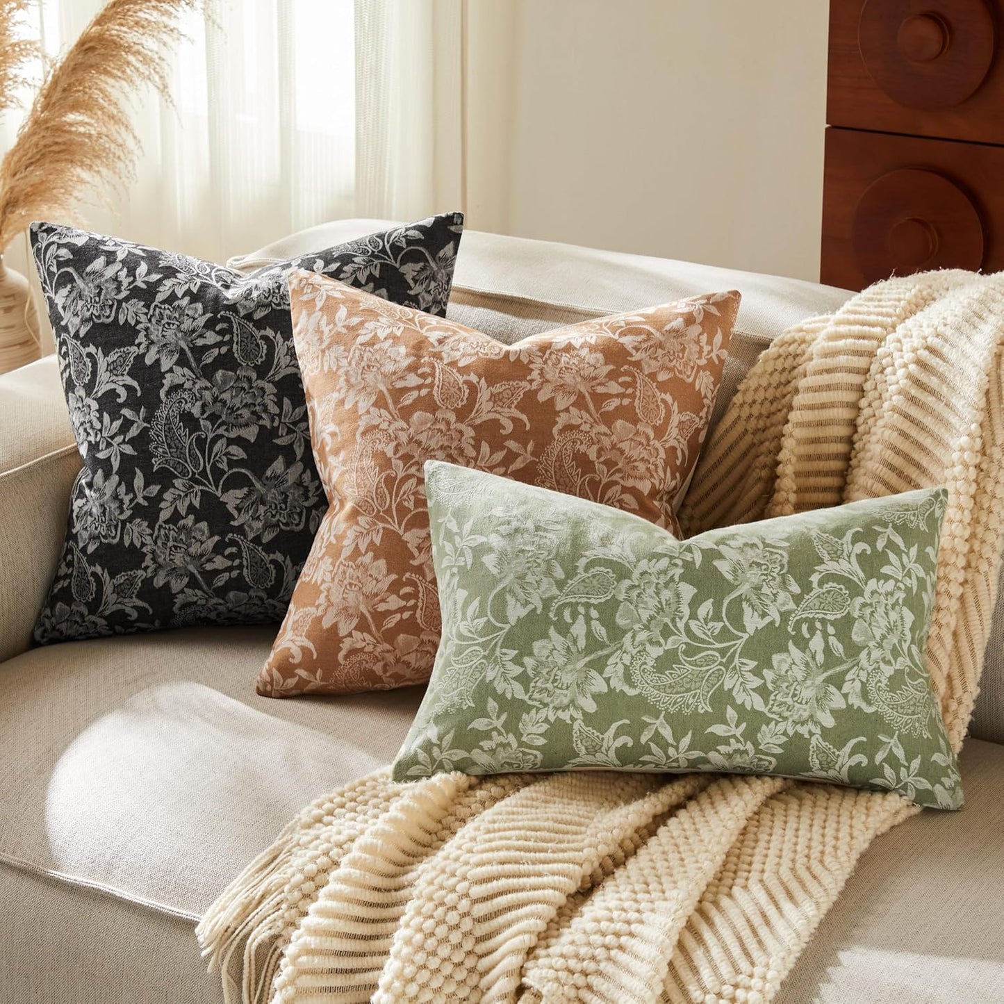 Floral Jacquard Throw Pillow Covers Set of 2, Background/Charcoal 20x20 Inch, Farmhouse Decorative Cotton Dark Grey Cushion Covers for Sofa Bed Living Room Home Decor