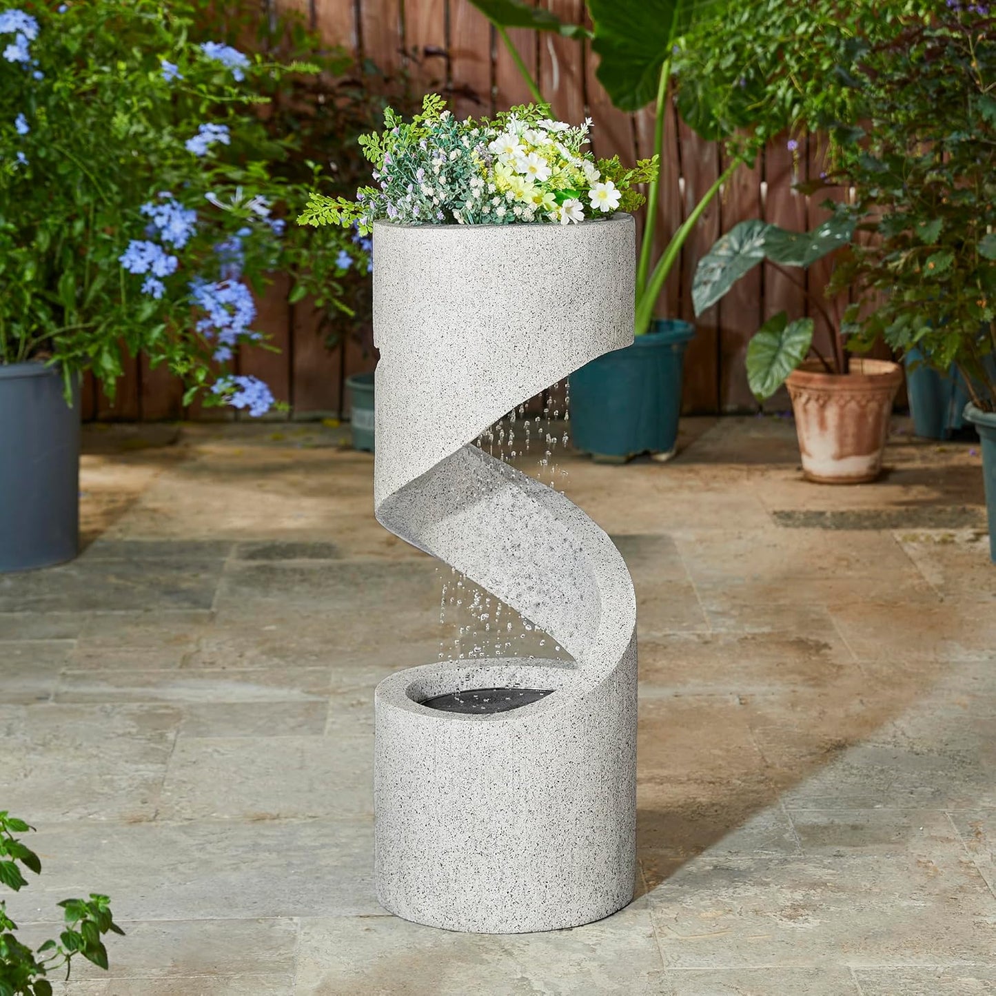 Glitzhome Decorative Tiered Outdoor Water Fountain with LED Light, Curved Waterfall Fountain with Stone Planter, Faux Terrazzo Spiral Shaped Fountains for Garden Deck Patio Porch, 31.25”H