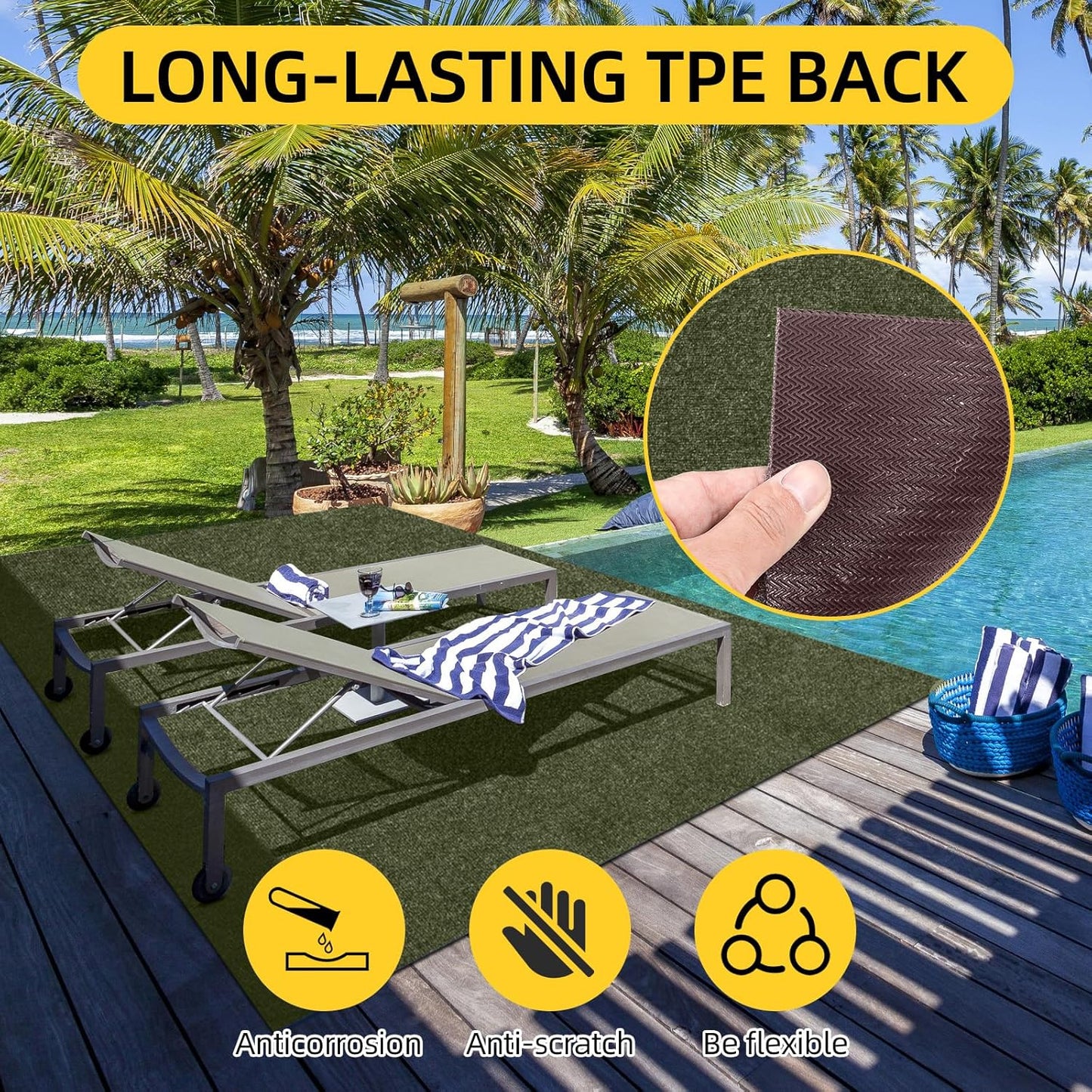 Marine Carpet,5 FT x 20 FT Olive Green Indoor Outdoor Carpet 0.2" Thick with Water-Proof TPE Backing, Non-Slide for Home, Patio, Porch, Deck