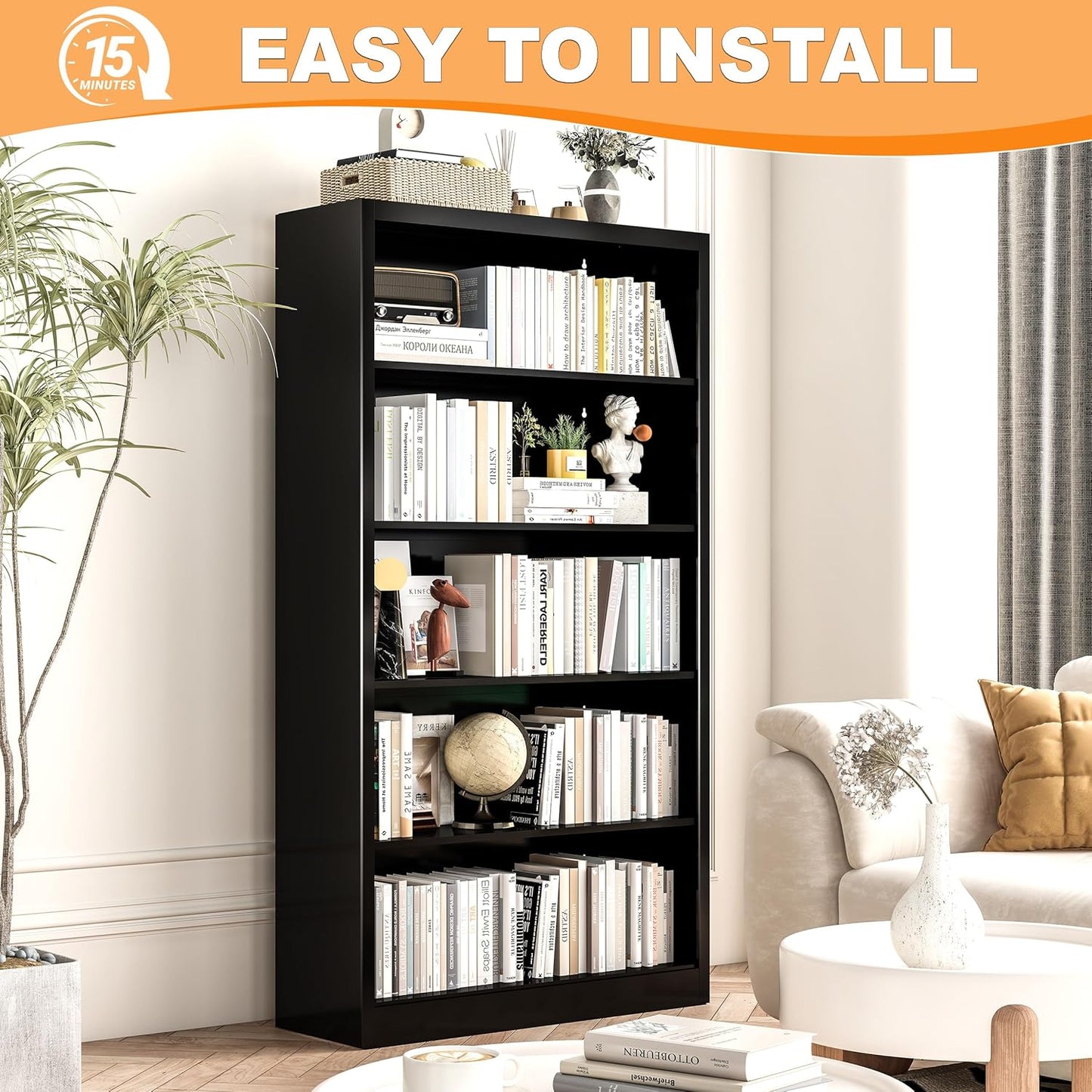 Black Bookshelf, 55” Adjustable Tall Metal Bookshelf, 5-Tier Toy Storage Organizer with Anti-Tilt Device, Modern Book Cases and Book Shelves for Bedroom, Playroom, Classroom, Study