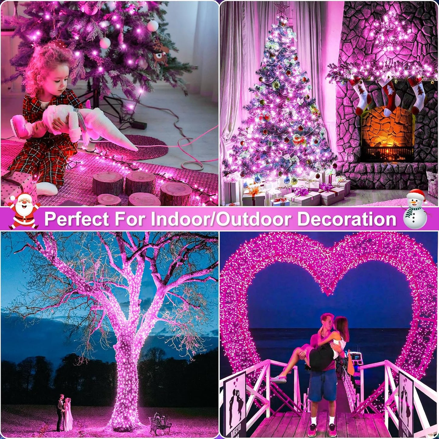 Christmas Lights Outdoor, 66FT 200 LED Christmas Tree Lights with 8 Modes Waterproof, Plug in Green Wire Connectable Twinkle String Light for Indoor Bedroom Patio Wedding Holiday Decor, Pink