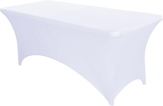 CWK 6FT Stretch Spandex Table Cover for Rectangular Tables - Elastic Fitted Tablecloth for Folding Tables, Wrinkle Resistant, Durable Table Protector for Parties,Weddings,Banquets &Events (White)