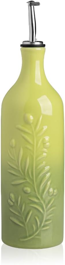 Sweejar Large Olive Oil Dispenser Bottle with Spout, 24 Oz Ceramic Oil Dispenser for Kitchen, Relief Opaque Oil Cruet, Oil Container for Cooking, EVOO, Avocado Oil, Vinegar, Pack of 1(Gradient Green)