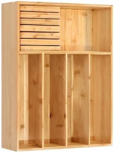 VaeFae Bamboo Silverware Organizer (Non-expandable), Utensil Holder for Drawer, Wooden Cutlery Tray with Divider for Kitchen Drawer, Utensil Organizer with Knife Block
