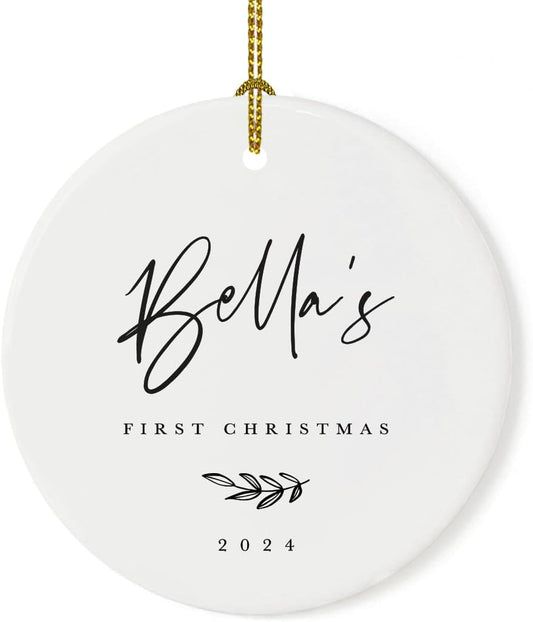Andaz Press Personalized Baby 1st Christmas Round Ceramic Porcelain Christmas Tree Ornament Engagement Keepsake Collectible Gift, Olivia's First Christmas 2025, Antique Handdrawn, 1-Pack
