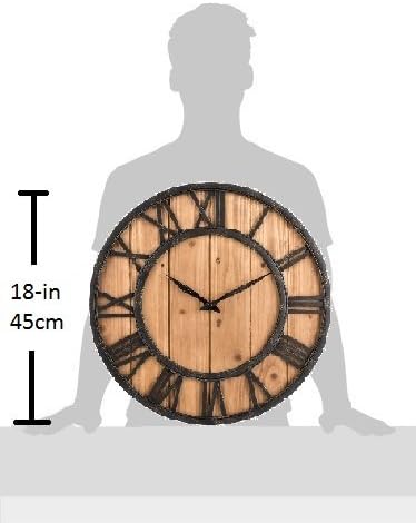 Oldtown Farmhouse Metal & Solid Wood Noiseless Wall Clock (Wood, 18-inch)